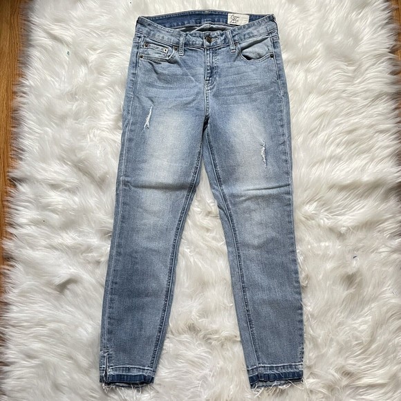 Cosmic Blue Love Denim - Cosmic Blue Love Cropped Denim Jeans Size 28 Blue Mid Rise Distressed Raw Hem